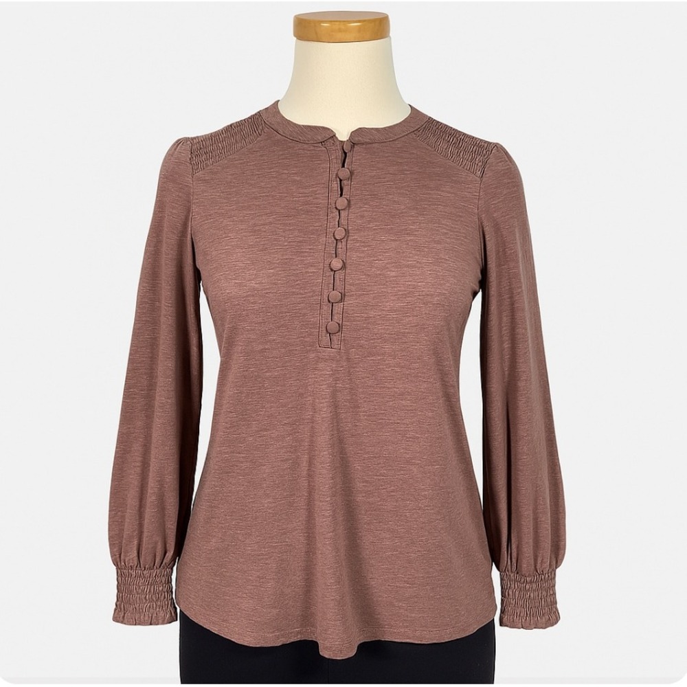 Belle by Kim Gravel Button‎ Henley Top Smocked Shoulder Long Sleeve Mauve XXS